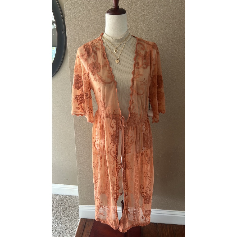 Rust lace embroidered detail cardigan - Picture 3 of 9